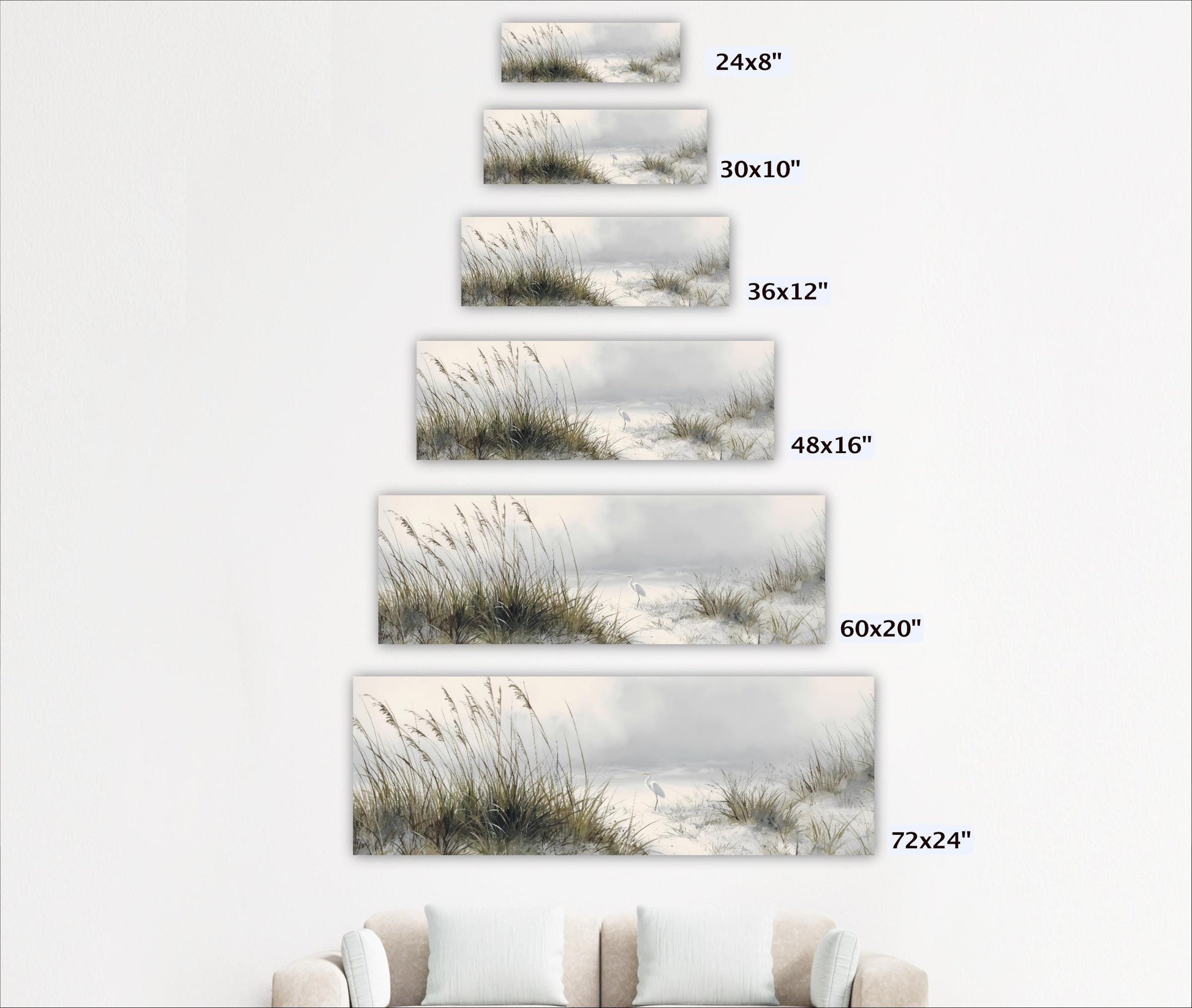 A series of framed landscape photographs depicting a serene beach scene with tall grasses and a body of water.