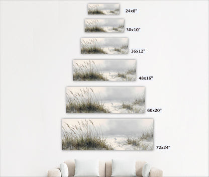 A series of framed landscape photographs depicting a serene beach scene with tall grasses and a body of water.