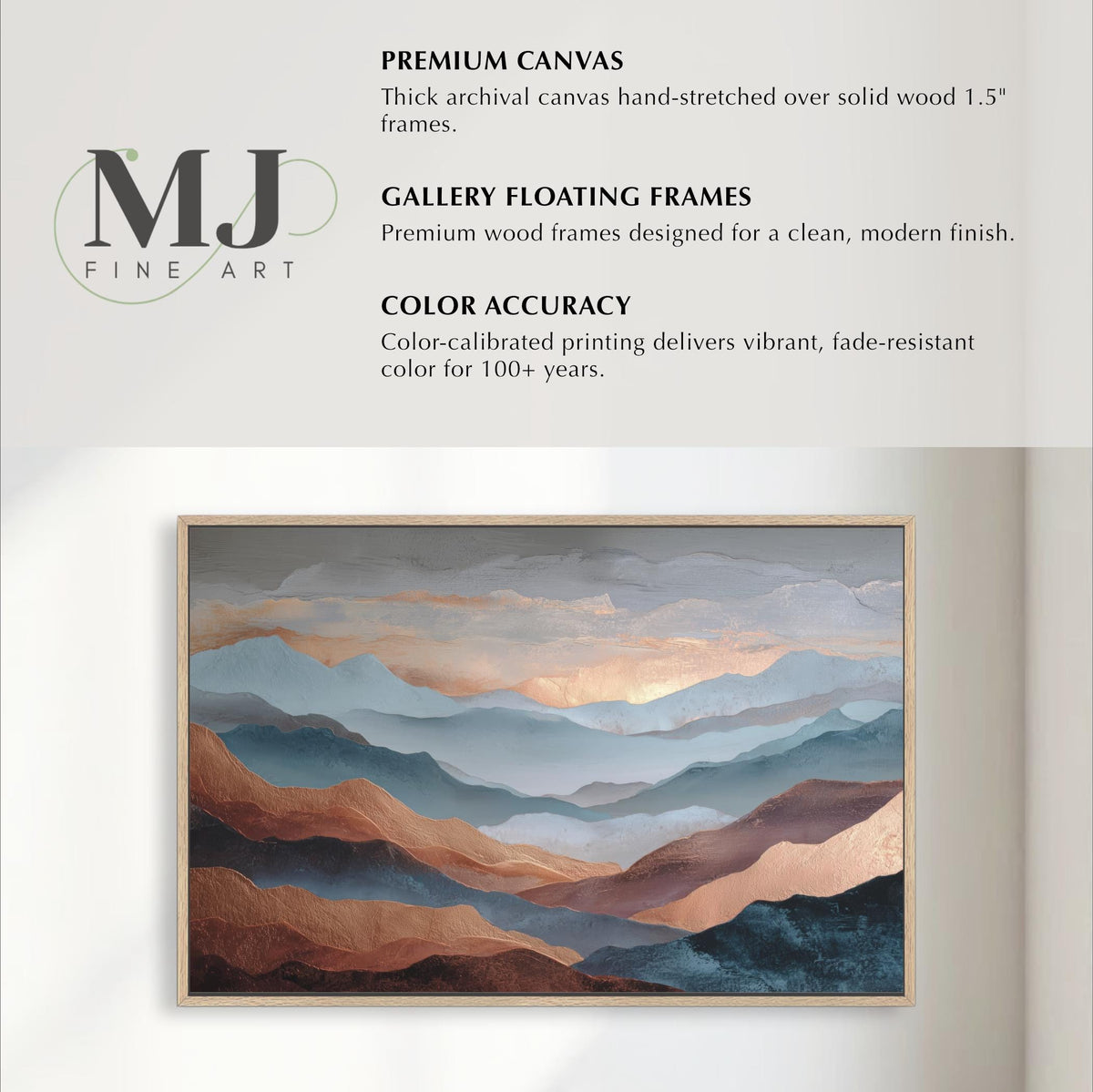 The image is a promotional poster for a company called "MJ Fine Art", featuring a painting of mountains with a color accuracy statement.