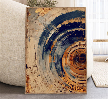 a large abstract painting with a circular design in shades of blue, orange, and brown. The painting is displayed on a wooden frame and is placed on a white surface, likely a table or a couch.