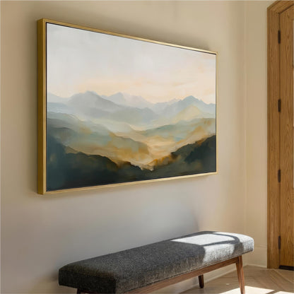 a large landscape painting hanging on a wall, with a wooden bench placed in front of it.