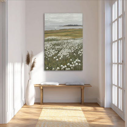 a serene and peaceful indoor setting, featuring a large painting of a field of white flowers hanging on the wall, a wooden bench in the foreground, and a vase of flowers on the floor.