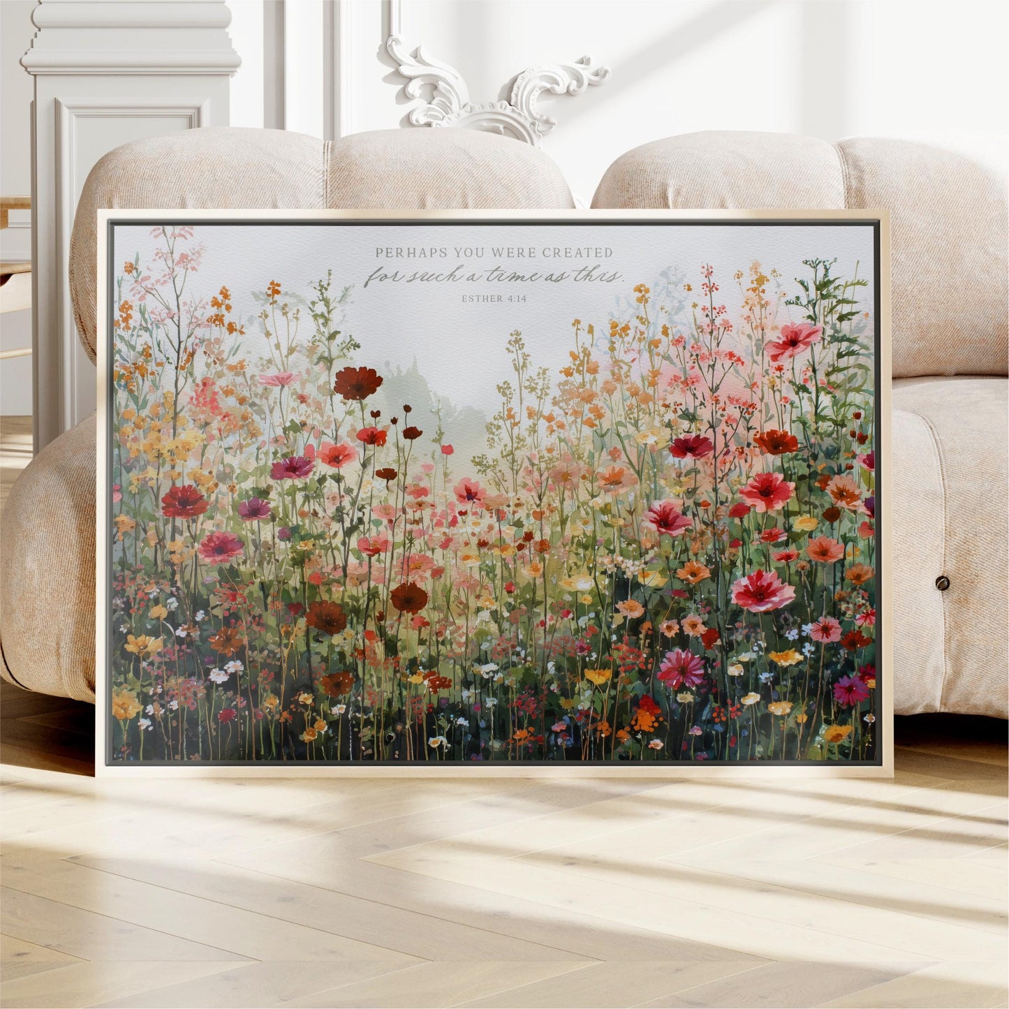 a large, framed painting of a vibrant, colorful field of flowers, with a quote from the Bible verse "Perseverance" visible in the top right corner.