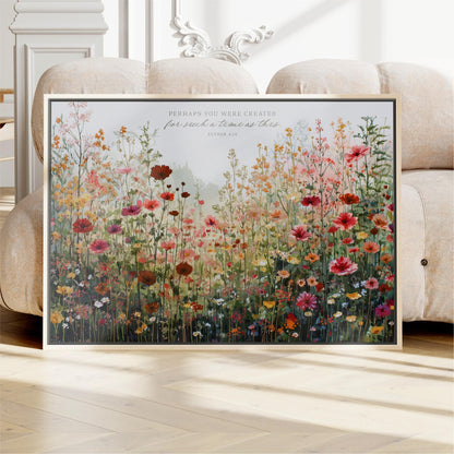 a large, framed painting of a vibrant, colorful field of flowers, with a quote from the Bible verse "Perseverance" visible in the top right corner.