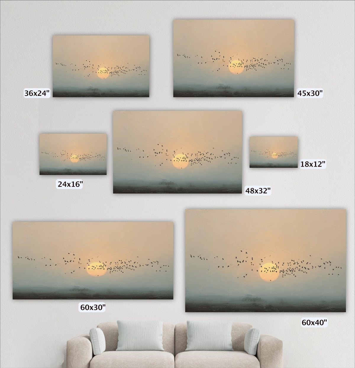 a collection of seven different-sized photographs depicting a flock of birds flying against a sunset backdrop. The photographs vary in size, ranging from 36x24" to 48x32" and 60x30" to 60x40", showcasing the different perspectives and angles of the scene.