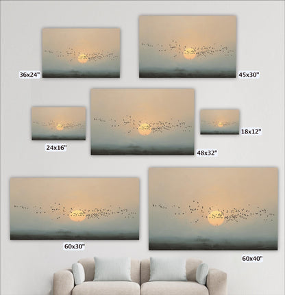 a collection of seven different-sized photographs depicting a flock of birds flying against a sunset backdrop. The photographs vary in size, ranging from 36x24" to 48x32" and 60x30" to 60x40", showcasing the different perspectives and angles of the scene.