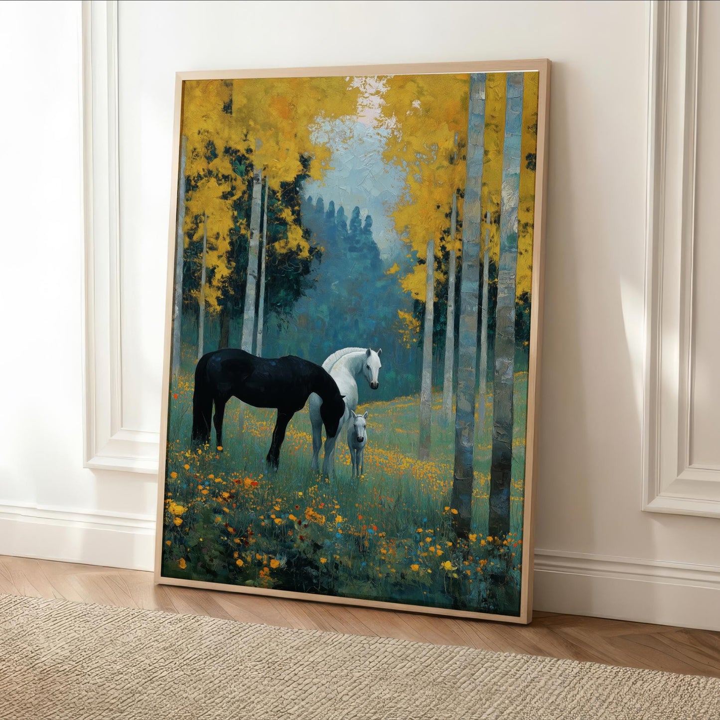 The image is a framed painting depicting two horses standing in a field with yellow flowers, surrounded by trees with green foliage.