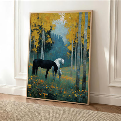 The image is a framed painting depicting two horses standing in a field with yellow flowers, surrounded by trees with green foliage.