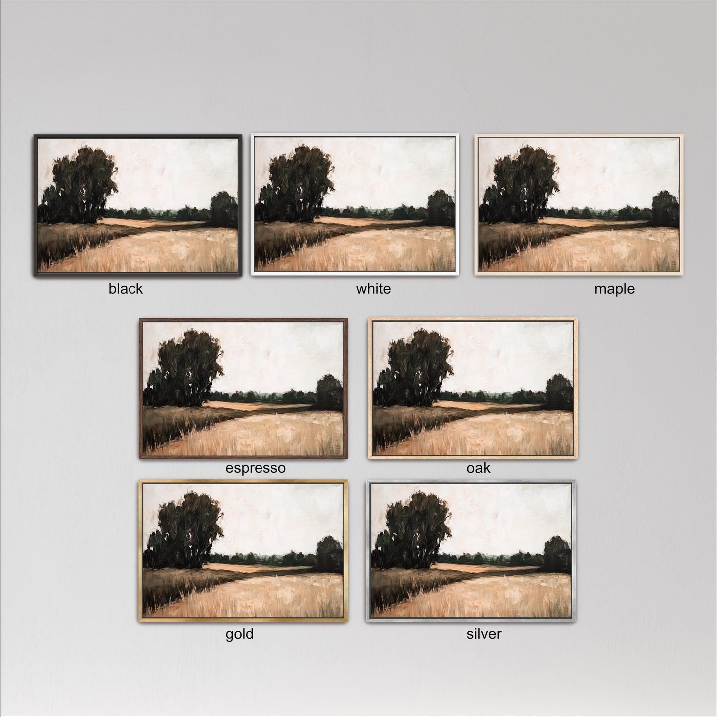 six different framed landscape paintings, each with a different color and frame style. The paintings depict a serene countryside scene with trees, grass, and a winding road. The color options include black, white, maple, espresso, oak, and gold.