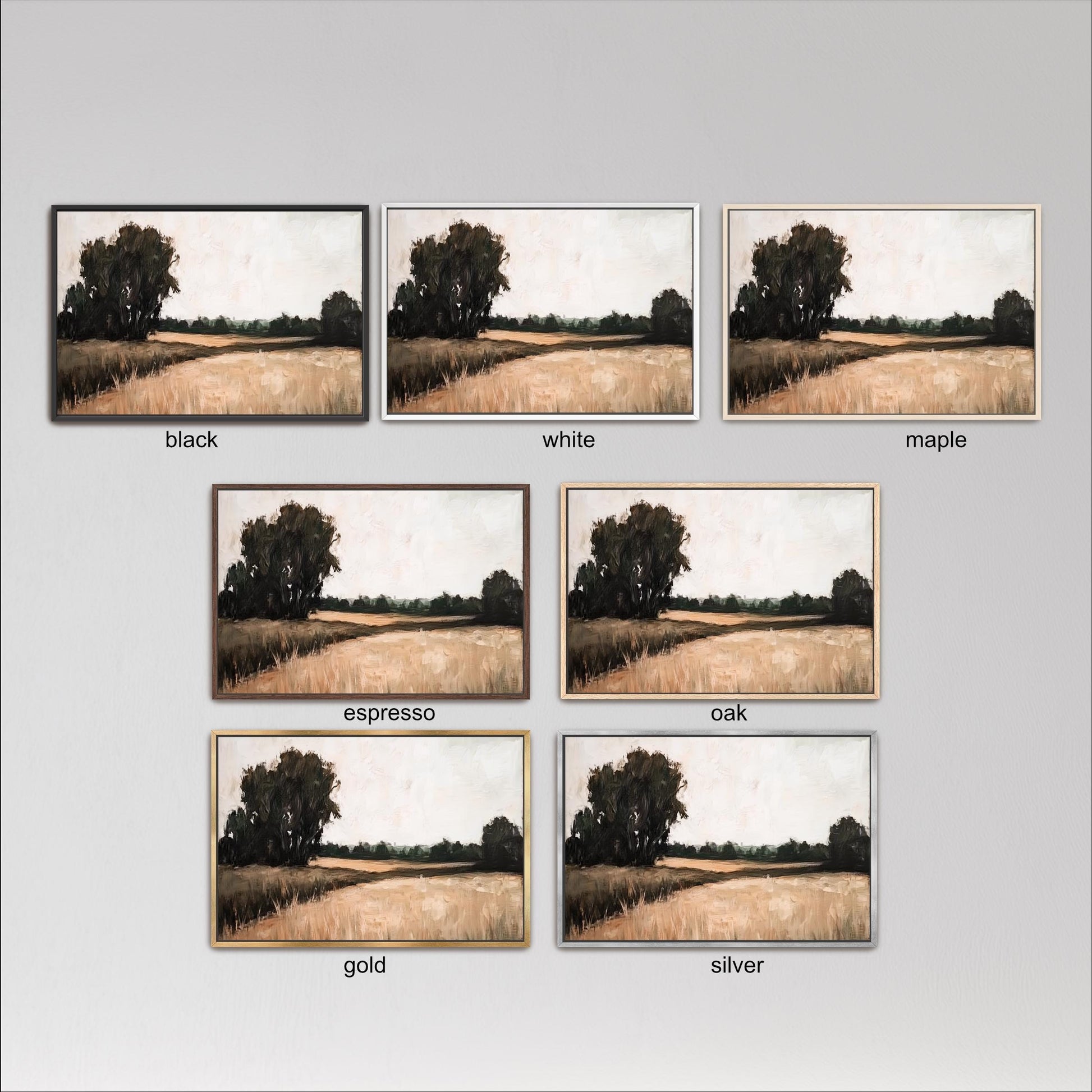 six different framed landscape paintings, each with a different color and frame style. The paintings depict a serene countryside scene with trees, grass, and a winding road. The color options include black, white, maple, espresso, oak, and gold.