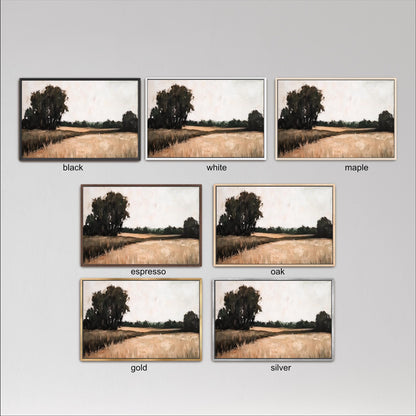 six different framed landscape paintings, each with a different color and frame style. The paintings depict a serene countryside scene with trees, grass, and a winding road. The color options include black, white, maple, espresso, oak, and gold.