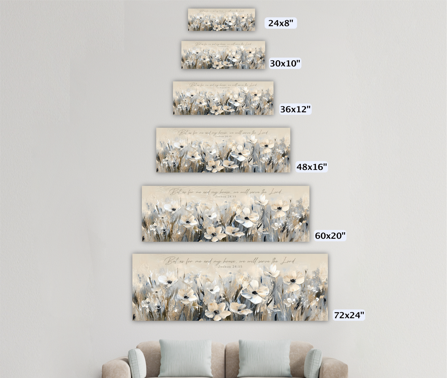 A series of framed artworks depicting various flower arrangements, each with a different size and frame size ranging from 24"x8" to 72"x24".