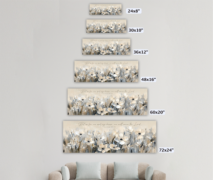 A series of framed artworks depicting various flower arrangements, each with a different size and frame size ranging from 24"x8" to 72"x24".