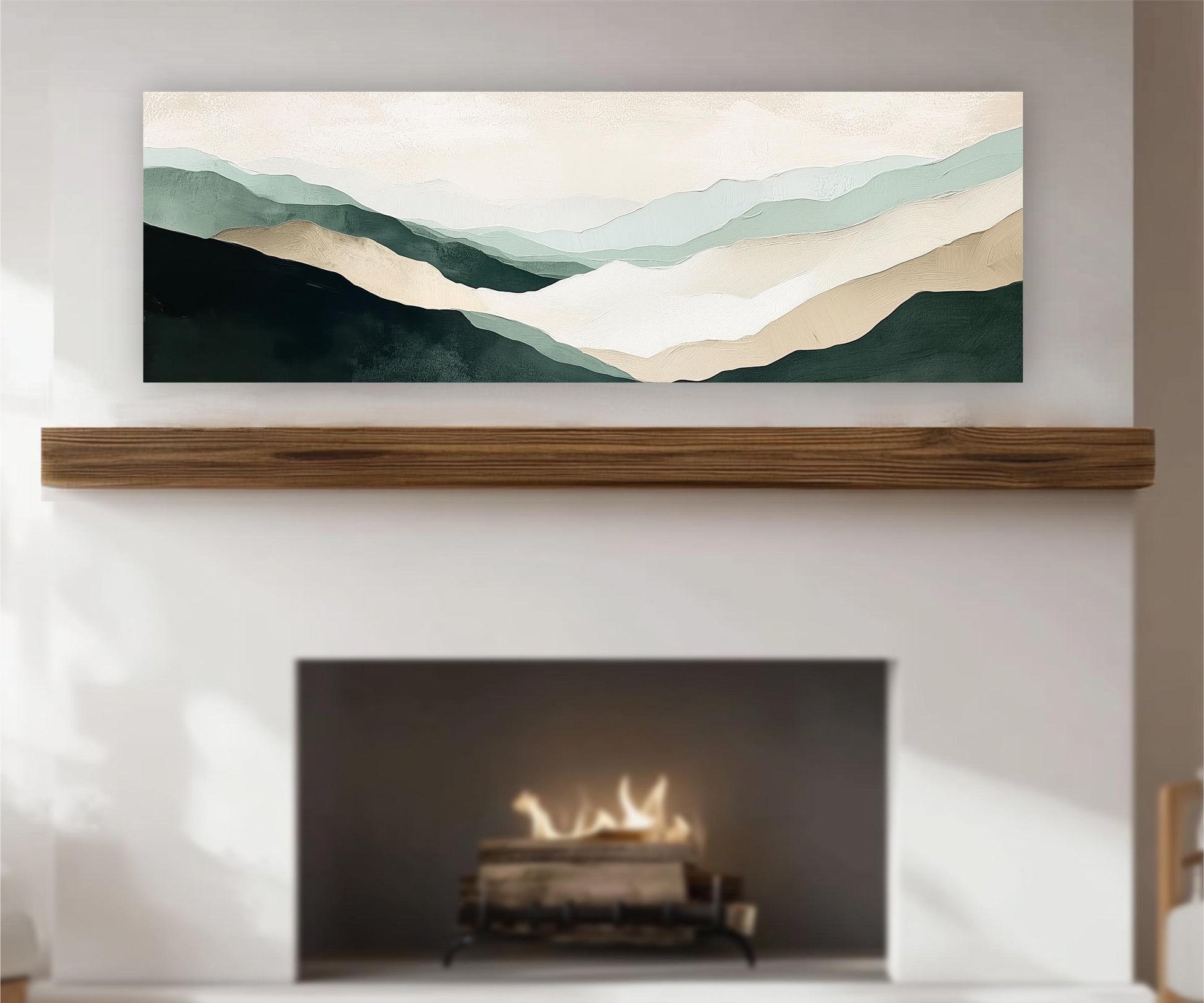 a fireplace with a warm fire burning inside, and above it is a large painting depicting a mountain landscape with green and beige tones.
