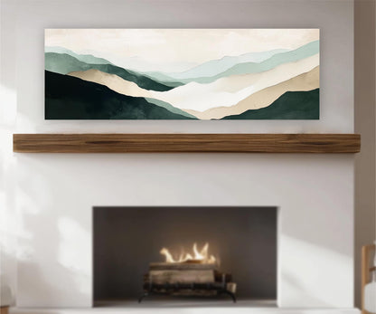 a fireplace with a warm fire burning inside, and above it is a large painting depicting a mountain landscape with green and beige tones.