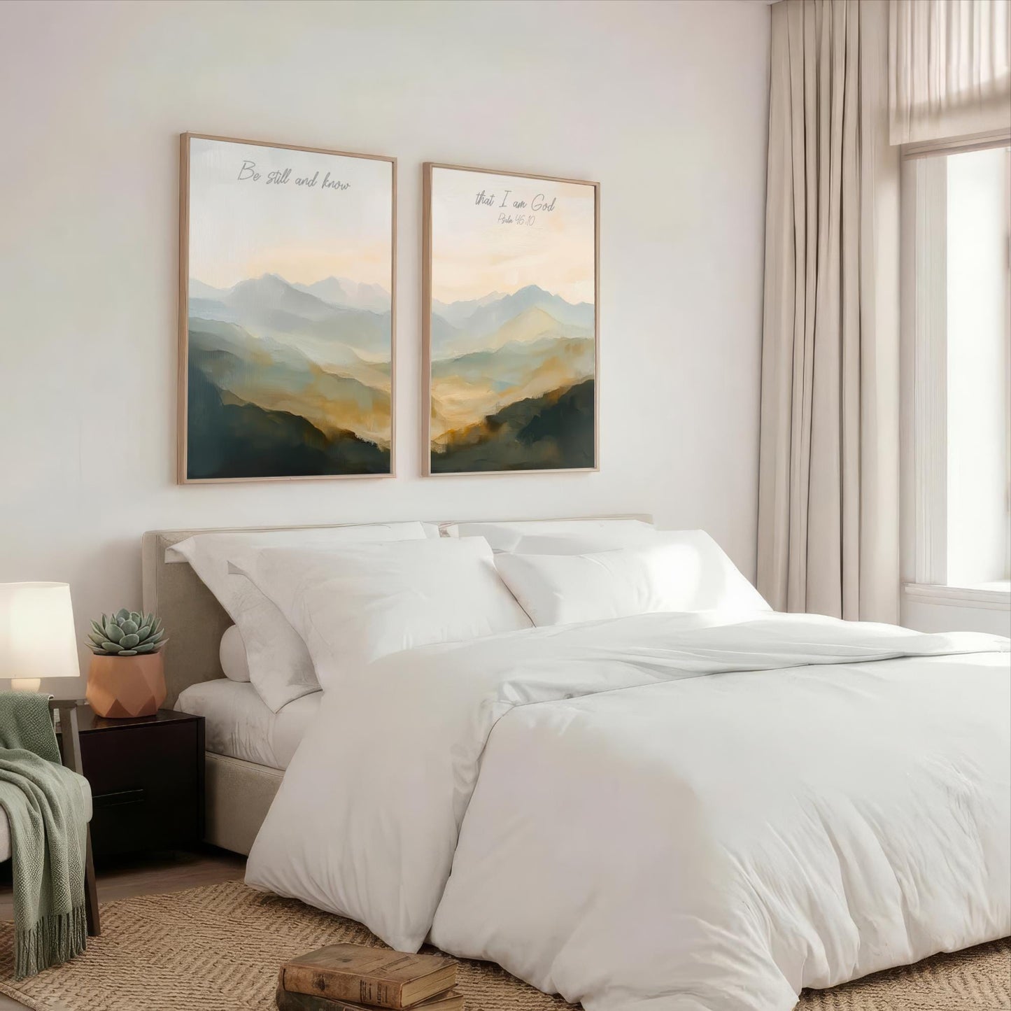 a serene bedroom scene with a large bed, white bedding, and two framed landscape paintings hanging above it.