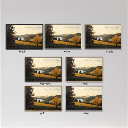 six different framed landscape paintings, each with a different color and frame style. The paintings depict various scenes of nature, including trees, fields, and bodies of water. The frames vary in color and design, creating a diverse visual presentation of the artwork.