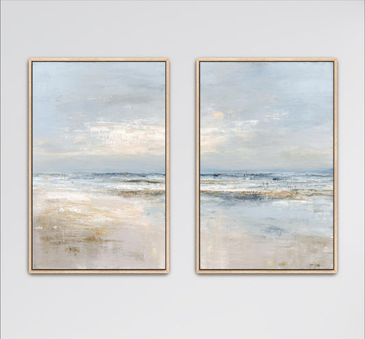 two identical paintings of a serene beach scene, featuring a calm ocean and a cloudy sky.