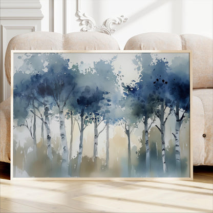 Aspen Forest Abstract Art, Indigo Watercolor Birch Tree Canvas, Modern Farmhouse Wall Decor, Minimalist Navy Blue Nature Print Framed