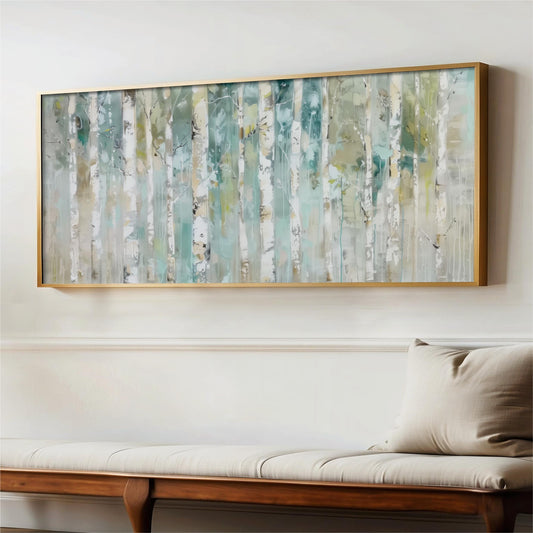 Birch Trees Abstract, Long Horizontal Framed Artwork, Green Blue, Aspens Nature, Watercolor Panorama Wall Art