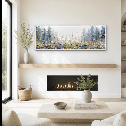 a cozy living room with a fireplace, a coffee table, and a painting of a forest scene above it. The room has a minimalist and modern design, with a large window providing natural light and a view of the outdoors.
