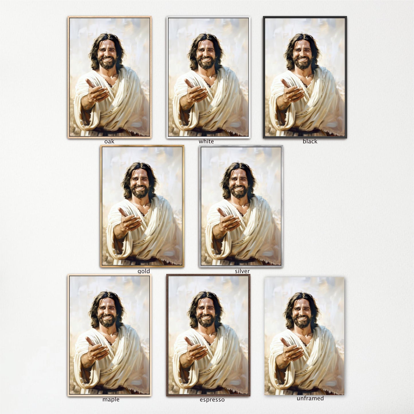 a collage of seven identical images of Jesus Christ, each with a different color frame. The images are arranged in a grid format, with each row containing three images. The images are all of the same size and shape, and they all depict the same person, Jesus Christ, in a similar pose and expression.