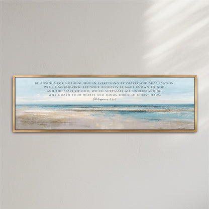 The image is a framed print of a serene landscape with a body of water and a sky background. The text on the print is a biblical quote from the book of Philippians 4:1, which encourages prayer and supplication as a means to be known to God and to have the peace of God.