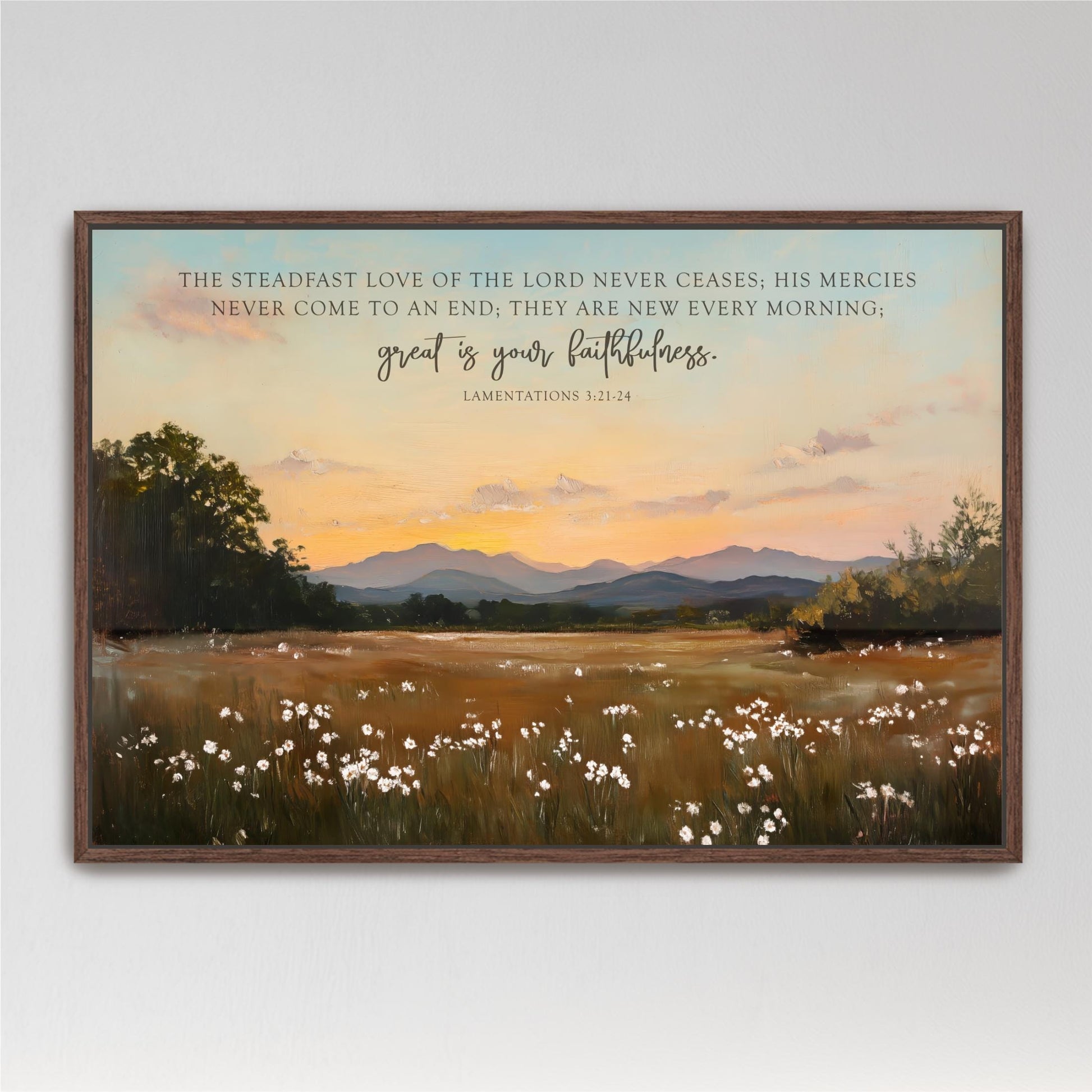 The image is a framed painting depicting a serene landscape with a field of white flowers, mountains in the background, and a sunset sky.