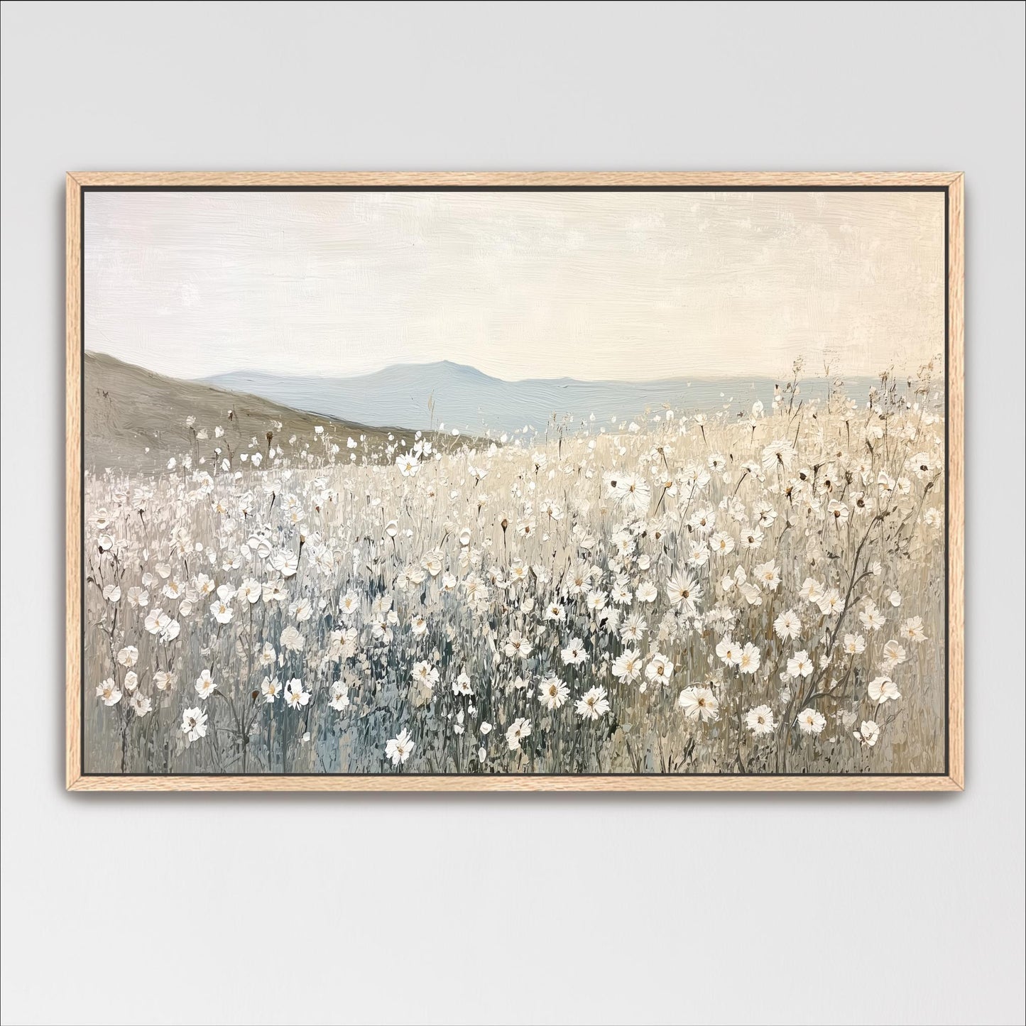 A painting of a field of white flowers against a backdrop of mountains.