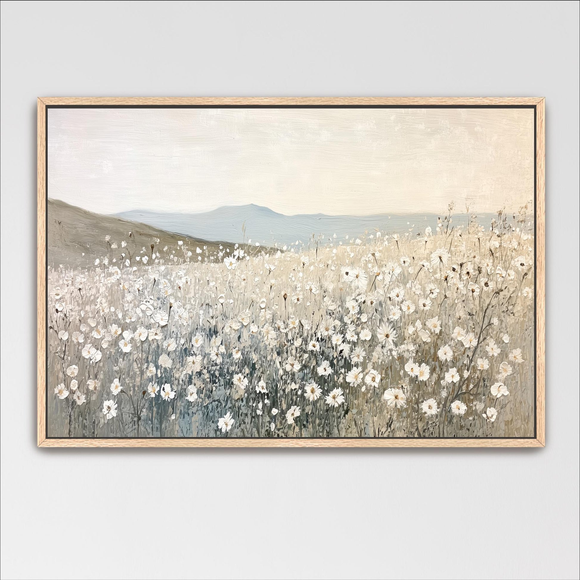 A painting of a field of white flowers against a backdrop of mountains.