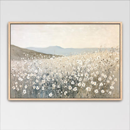 A painting of a field of white flowers against a backdrop of mountains.