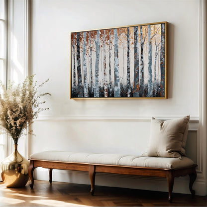 a wooden bench with a beige cushion, positioned in front of a large painting of trees on a white wall.