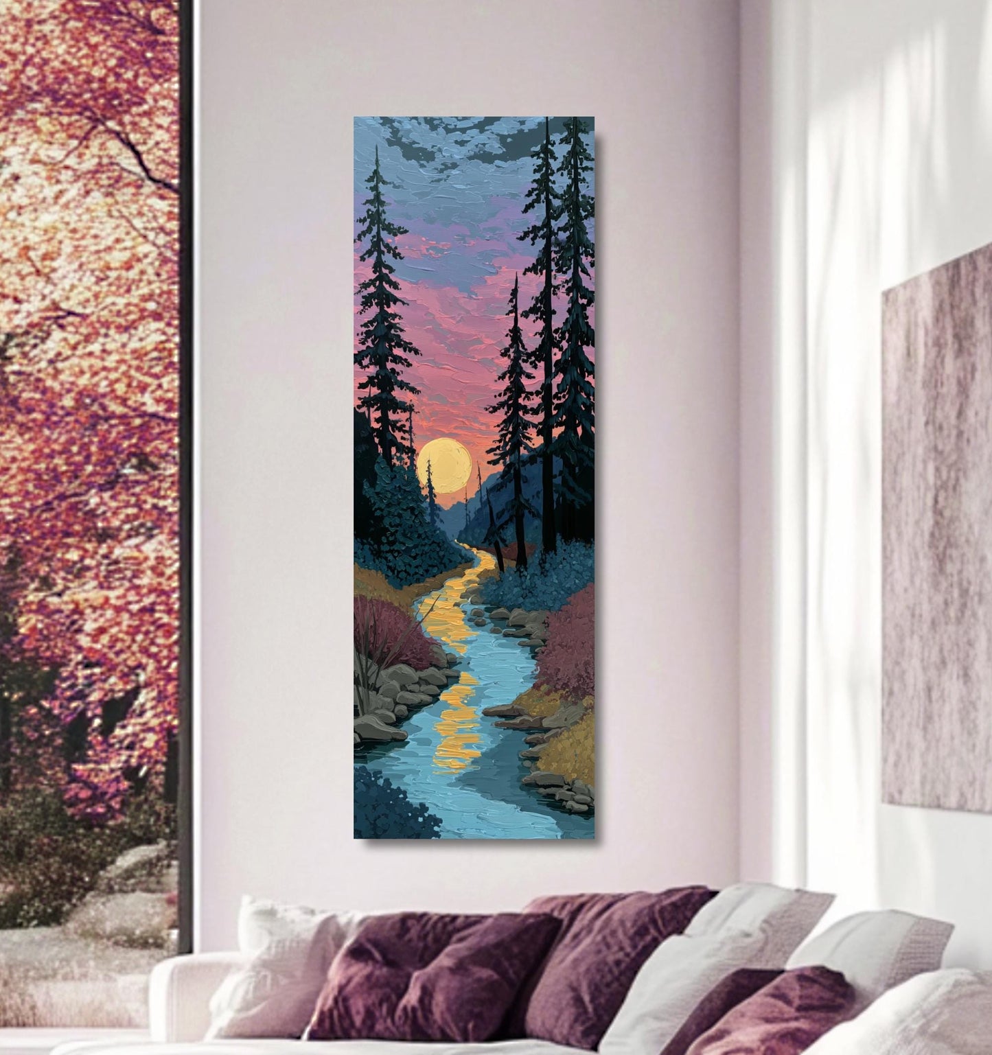 a large vertical painting hanging on a wall, depicting a serene landscape with a river, trees, and a sunset.