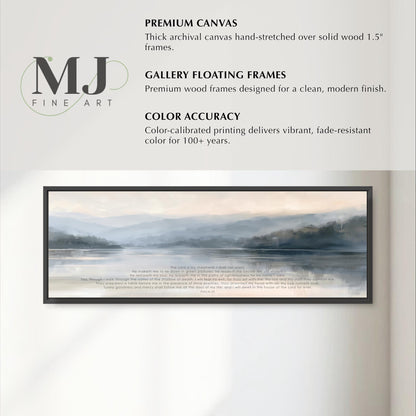 The image is a painting of a serene landscape with a body of water and mountains in the background. The painting is framed in a wooden frame, which adds a touch of elegance to the overall presentation. The painting is displayed on a wall, showcasing its beauty and artistic value.