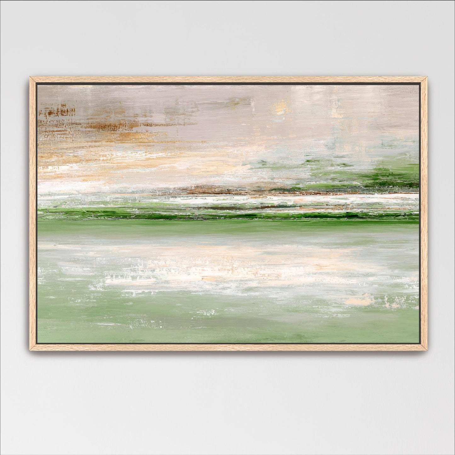 The image is a framed abstract landscape painting depicting a serene scene of a body of water with a green and white color palette.