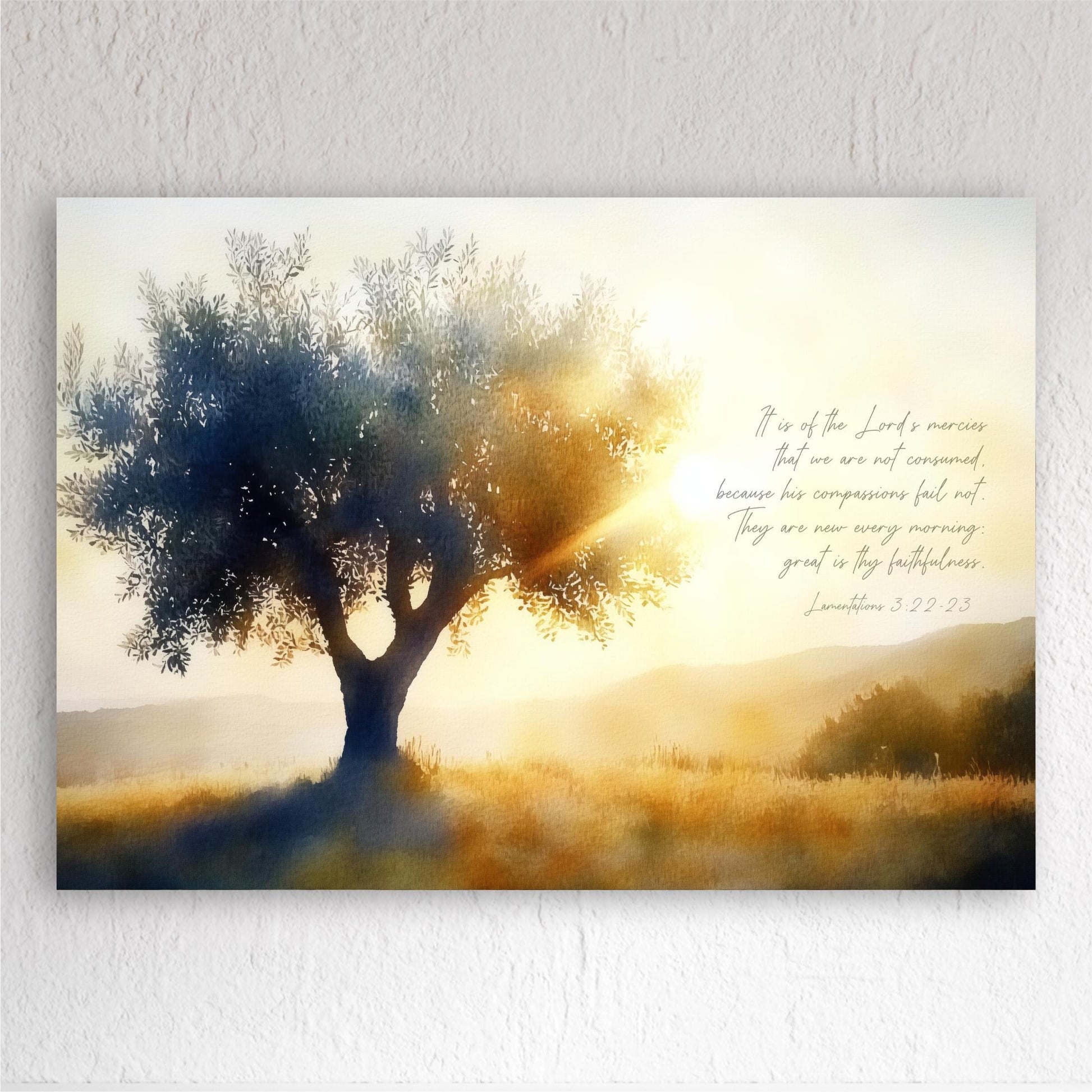 a serene landscape with a large tree silhouetted against a vibrant sunset sky, creating a peaceful and tranquil atmosphere.
