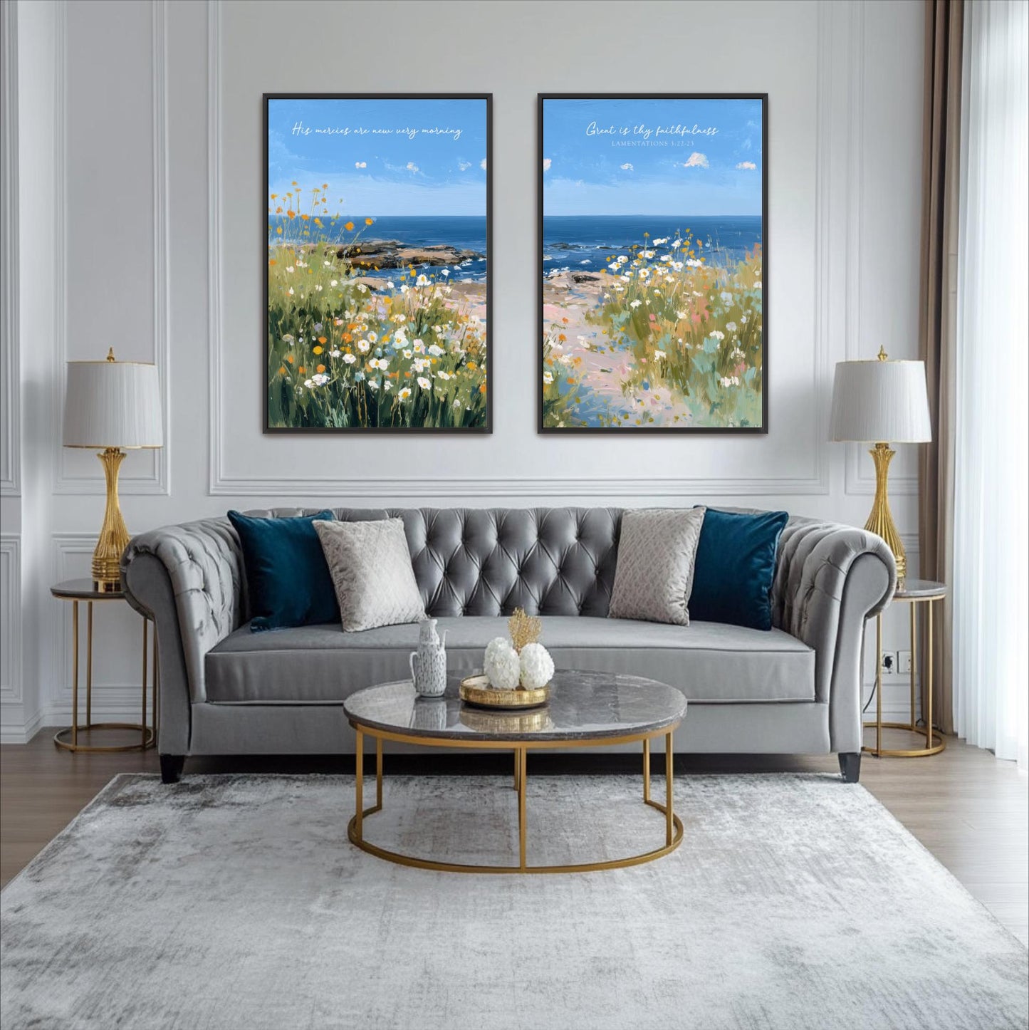 a living room with a gray tufted sofa, a round glass coffee table, and two framed paintings of a beach scene with flowers. The paintings are hung on the wall above the sofa, creating a harmonious and visually appealing space.