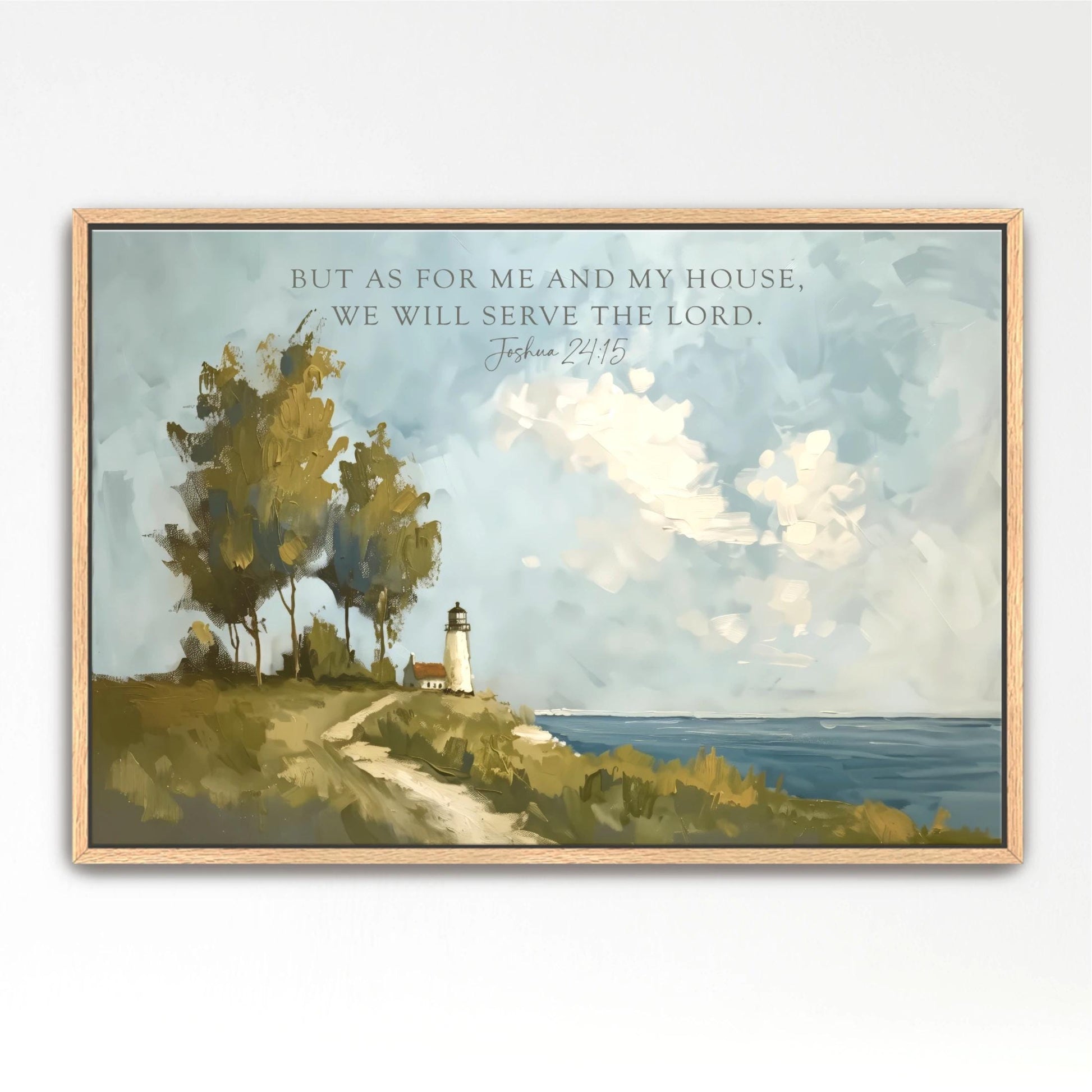 Bible Verse Wall Art, As for Me and My House, Lighthouse Coastal Landscape, Scripture Framed Canvas Print Painting Joshua 24:15 Christian