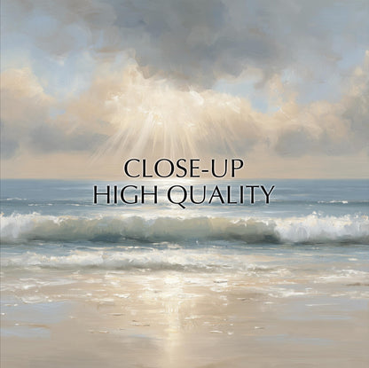 a serene beach scene with waves gently lapping at the shore, and the sky above is filled with clouds. The text "CLOSE-UP HIGH QUALITY" is prominently displayed in the center of the image, emphasizing the high quality of the photograph.