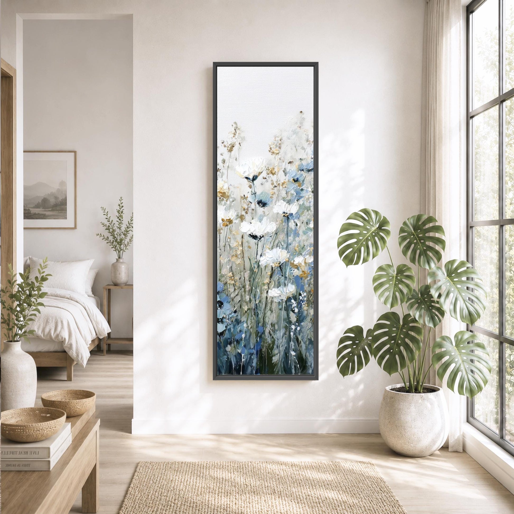 a serene and well-decorated living room with a large window, a painting of flowers, and various potted plants.