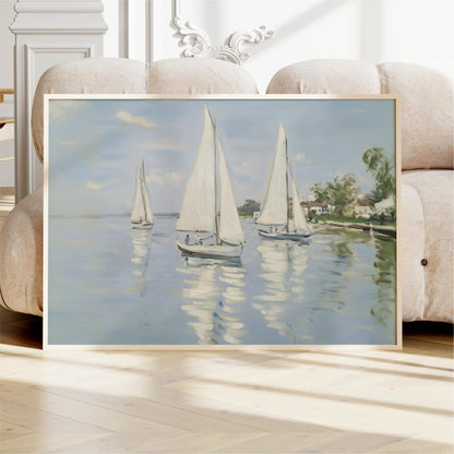 A framed painting depicting three sailboats on a body of water, with a serene and peaceful atmosphere.