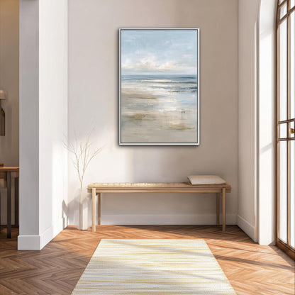 a serene and minimalist interior design with a large painting of a beach scene hanging on the wall above a wooden bench. The painting is framed in a simple white frame, and the wooden bench is positioned in front of the painting, creating a harmonious and visually appealing space.