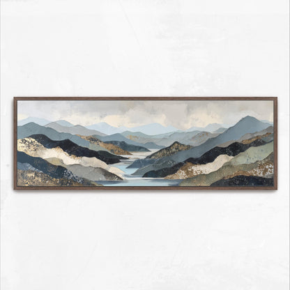 The image is a framed landscape painting depicting a serene mountain range with a river flowing through it.