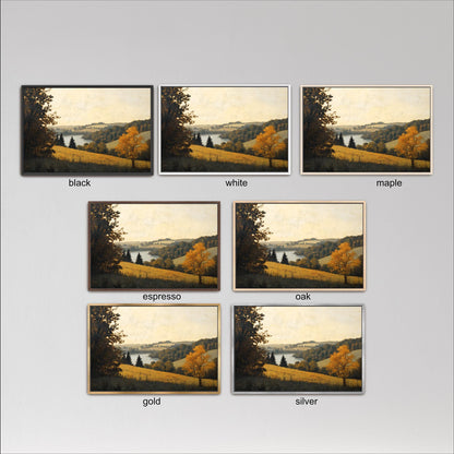 six different framed landscape paintings, each with a distinct color and frame style. The paintings depict various scenes of nature, including trees, fields, and bodies of water. The color palette of the paintings varies, with some featuring black, white, and gold frames, while others have a more rustic, earthy look. The frames themselves come in different styles, adding to the diversity of the artwork displayed.