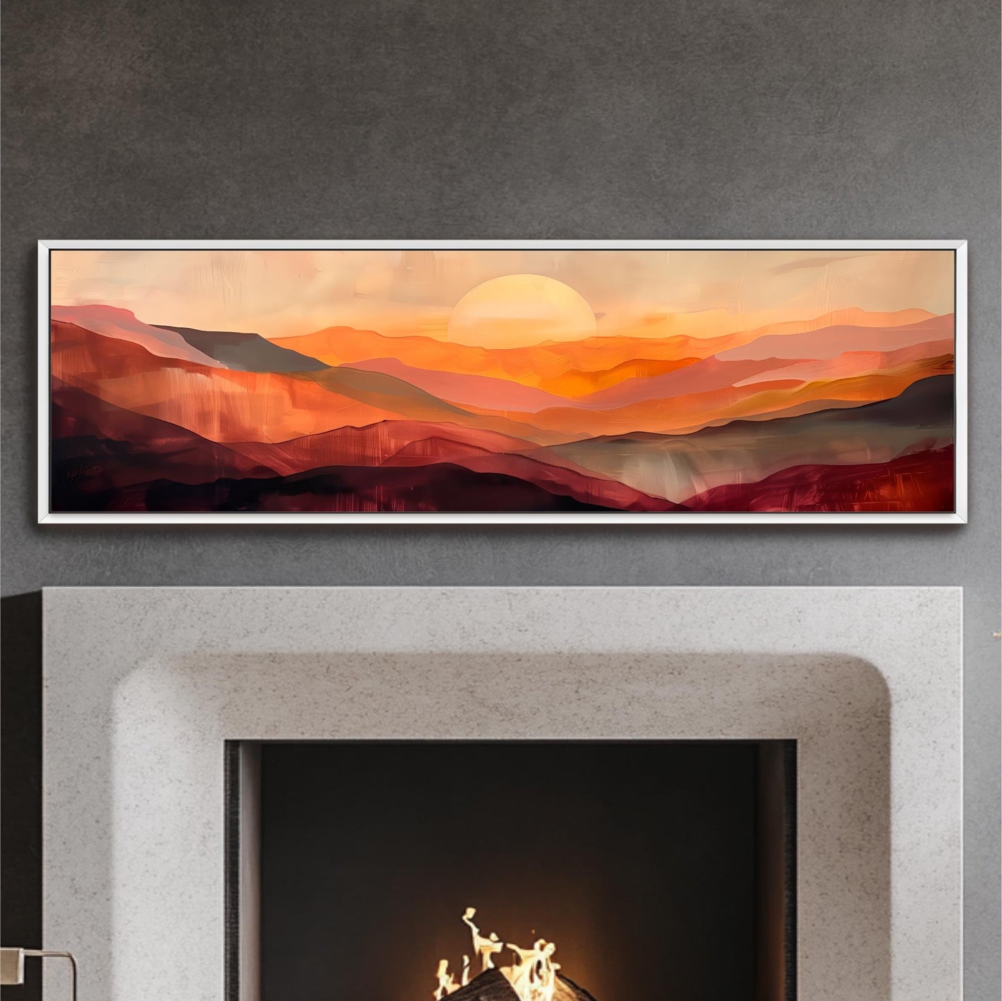 a fireplace with a warm, orange and red sunset painting displayed above it.