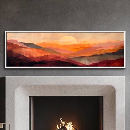 a fireplace with a warm, orange and red sunset painting displayed above it.