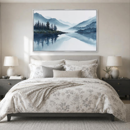 a serene bedroom scene with a large bed, a nightstand on each side, and a framed landscape painting hanging above the bed.
