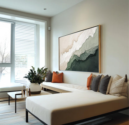 a modern living room with a large window, a white sofa with colorful throw pillows, and a large abstract painting on the wall.