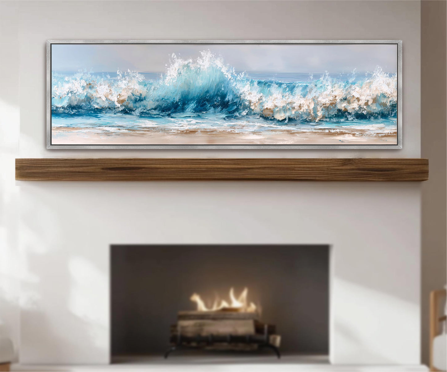 a large, framed painting of a crashing wave above a fireplace, creating a serene and calming atmosphere in the room.
