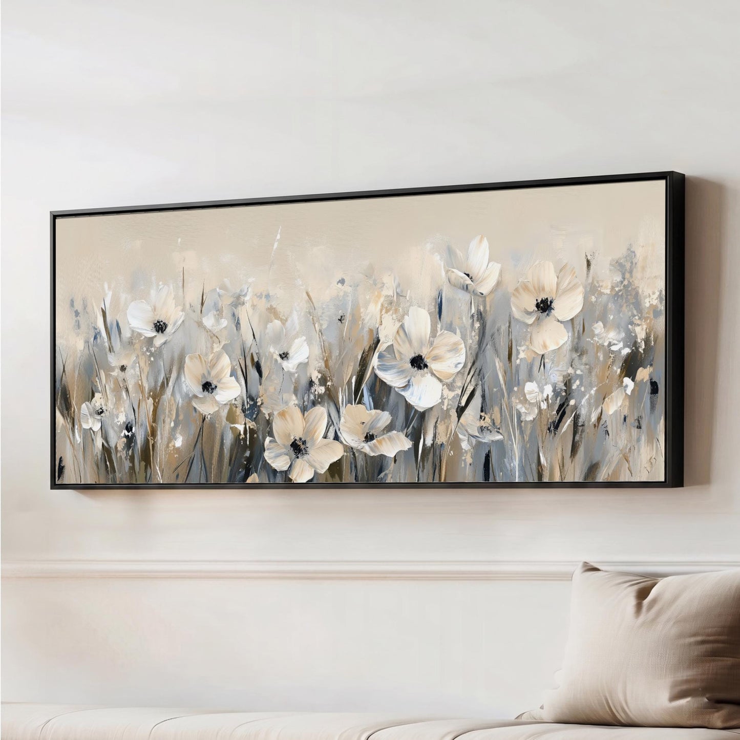 Wildflower Meadow Canvas Wall Art, Beige, Steel Gray, Navy Blue Flowers, Panorama Floral Landscape, Modern Large Horizontal Framed Artwork black wood framed canvas